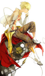 Rule 34 | 1boy, armor, blonde hair, capri pants, chain, child, child gilgamesh (fate), fate/grand order, fate (series), from side, full body, gilgamesh (fate), jewelry, male focus, open clothes, open shirt, pants, profile, red eyes, shirt, shoes, simple background, solo, suou (sdurorhr), tattoo, white background