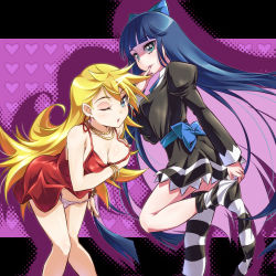 Rule 34 | 10s, 2girls, bad id, bad pixiv id, bent over, blonde hair, blue hair, breasts, cleavage, dress, jewelry, kimoto kanata, leaning forward, lots of jewelry, medium breasts, multiple girls, panties, panty &amp; stocking with garterbelt, panty (psg), red dress, siblings, sisters, stocking (psg), striped clothes, striped legwear, striped thighhighs, thighhighs, underwear