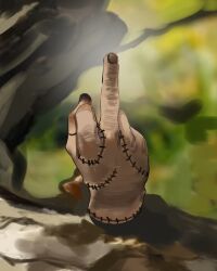 Rule 34 | 1other, addams family, ahneato, branch, day, highres, middle finger, outdoors, severed hand, solo, stitched hand, stitches, thing (addams family), tree, wednesday (netflix)