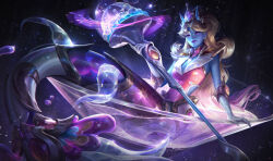 Rule 34 | 1girl, bad source, blonde hair, blue skin, breasts, colored skin, crown, detached collar, gem, gloves, glowing, grey gloves, holding, holding staff, large breasts, league of legends, light smile, long hair, mermaid, monster girl, multicolored background, nami (league of legends), official art, parted bangs, pink eyes, pink lips, ponytail, prestige space groove nami, solo, staff