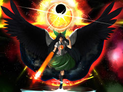 Rule 34 | 1girl, arm cannon, arm up, arugeri, black hair, black sun, bow, cape, eclipse, female focus, floating, glowing, hair bow, highres, large bow, large wings, long hair, looking at viewer, paint splatter, pointing, radiation symbol, red eyes, reiuji utsuho, ribbon, smirk, solo, star (sky), sun, third eye, touhou, weapon, wings