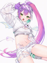 Rule 34 | 1girl, absurdres, bat wings, belt, breasts, cleavage, demon tail, gloves, goggles, goggles on head, green eyes, grey background, highres, hololive, jacket, long hair, long sleeves, looking at viewer, medium breasts, midriff, multicolored hair, navel, navel piercing, open mouth, piercing, pink hair, purple gloves, purple hair, runlan 0329, shorts, simple background, solo, tail, tattoo, teeth, thigh belt, thigh strap, thighs, tokoyami towa, tokoyami towa (5th costume), two-tone hair, very long hair, virtual youtuber, white jacket, white shorts, wings