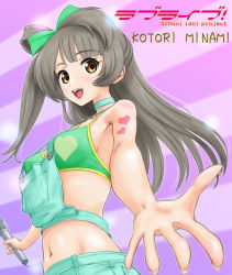 Rule 34 | 10s, 1girl, :d, bare shoulders, blush, bow, bra, brown eyes, character name, choker, copyright name, grey hair, hair bow, heart, highres, long hair, looking at viewer, love live!, love live! school idol project, microphone, midriff, minami kotori, natsuiro egao de 1 2 jump!, navel, open mouth, outstretched arm, outstretched hand, rasukaru, smile, solo, suspenders, tattoo, underwear