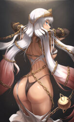 Rule 34 | 1girl, arms behind head, ass, bikini, black bikini, black gloves, blue eyes, blush, breasts, butt crack, chain, crown, cuffs, dark-skinned female, dark skin, elbow gloves, fate/grand order, fate (series), from behind, gloves, gold chain, gradient hair, highleg, highleg bikini, highres, large breasts, long hair, looking at viewer, median furrow, multicolored hair, o-ring, o-ring top, red hair, shackles, shoulder blades, skyde kei, solo, swimsuit, thighs, toned, torn clothes, very long hair, white hair, zenobia (fate)