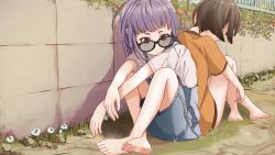 Rule 34 | 2girls, back-to-back, bare legs, barefoot, black-framed eyewear, black hair, brown eyes, casual, clip studio paint (medium), closed mouth, commentary request, crossed arms, dirt, dirty, dirty feet, fence, flower, foliage, full body, glasses, grass, highres, long shirt, looking at viewer, multiple girls, orange shirt, original, outdoors, overall skirt, overalls, purple hair, russian commentary, servachok, shirt, short sleeves, sidelocks, sitting, toes, white shirt