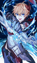 Rule 34 | 1boy, :d, absurdres, aiming, aiming at viewer, black gloves, blue background, blue eyes, bow (weapon), coat, genshin impact, gloves, grey coat, grey pants, highres, holding, holding bow (weapon), holding weapon, looking at viewer, male focus, mask, mask on head, nogi (nokisaki), open mouth, orange hair, pants, short hair, smile, solo, tartaglia (genshin impact), teeth, upper body, upper teeth only, water, weapon