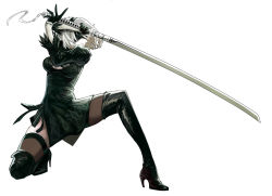 Rule 34 | 1girl, black dress, black gloves, black thighhighs, blindfold, boots, breasts, dress, gloves, grey hair, hairband, high heel boots, high heels, holding, holding sword, holding weapon, ici (versac77), katana, kneeling, nier (series), nier:automata, on one knee, short hair, simple background, solo, sword, thigh boots, thighhighs, weapon, white background, 2b (nier:automata)
