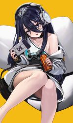 Rule 34 | 1girl, absurdres, anizi, black choker, black hair, black nails, choker, cushion, exia (nikke), feet out of frame, game controller print, goddess of victory: nikke, hair between eyes, handheld game console, headphones, headset, highres, holding, holding handheld game console, jacket, long hair, monster energy, nail polish, off shoulder, open clothes, open jacket, open mouth, playing games, purple eyes, shirt, sidelocks, simple background, sitting, solo, white jacket, white shirt