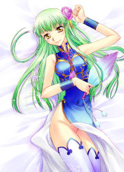 Rule 34 | 00s, 1girl, asano (asano peachpink), asano akira, bare shoulders, bed, blue dress, blush, breasts, c.c., china dress, chinese clothes, code geass, dress, hand fan, green hair, groin, hair ornament, long hair, lying, no panties, no pussy, side slit, smile, solo, thighhighs, yellow eyes