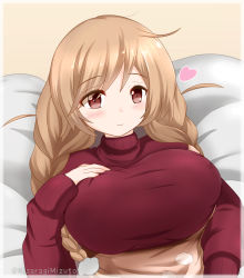 Rule 34 | 1girl, apron, beige background, blush, braid, breasts, brown eyes, closed mouth, hand on own chest, heart, highres, kantai collection, kisaragi mizuto, large breasts, light brown hair, long hair, long sleeves, looking at viewer, lying, messy hair, minegumo (kancolle), red sweater, simple background, smile, solo, sweater, swept bangs, turtleneck, turtleneck sweater, twin braids, twitter username, upper body