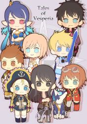 Rule 34 | 4boys, 4girls, :3, armor, armored dress, binoculars, black eyes, black hair, blonde hair, blue eyes, blue fur, braid, breasts, brown eyes, brown hair, chain, chain necklace, chibi, cleavage, closed mouth, collage, commentary, copyright name, crossed arms, dog, dress, estellise sidos heurassein, facial hair, flynn scifo, full body, gauntlets, goggles, goggles on head, gold trim, grey background, hat, highres, holding, holding binoculars, holding polearm, holding sword, holding weapon, jewelry, judith (tales), karol capel, lance, logo, long hair, looking at viewer, medium breasts, medium hair, multiple boys, multiple girls, navel, necklace, own hands together, patty fleur, pink hair, pirate hat, polearm, purple hair, raven (tales), red eyes, repede (tales), rita mordio, short hair, smile, smoking pipe, standing, sugara 10, sword, tales of (series), tales of vesperia, teeth, twin braids, weapon, white dress, yuri lowell