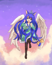 Rule 34 | 1girl, absurdres, alternate hairstyle, angel wings, animal ears, artist name, artist request, black legwear, blue hair, blue sky, blush, bow, breasts, brown bow, brown eyes, cat ears, cat tail, cloud, curly hair, day, dress, female focus, floating hair, frilled skirt, frills, full body, green dress, green eyes, green skirt, hair between eyes, highres, long hair, long sleeves, looking at viewer, love live!, love live! school idol project, miniskirt, neck ribbon, no shoes, outdoors, parted lips, pink ribbon, plaid, plaid dress, plaid skirt, pleated, pleated dress, pleated skirt, ribbon, skirt, sky, smile, solo, sonoda umi, standing, standing on one leg, star (sky), tail, tail bow, tail ornament, tiara, wavy hair, white wings, wings, yellow eyes