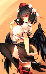 Rule 34 | 1girl, absurdres, bird wings, black hair, black skirt, black thighhighs, black wings, breasts, camera, closed mouth, collared shirt, feathered wings, from side, geta, hat, highres, holding, holding camera, large breasts, leg lift, looking at viewer, medium hair, midriff, miniskirt, orange background, pointy ears, pom pom (clothes), raptor7, red eyes, red footwear, red hat, shameimaru aya, shirt, short sleeves, skirt, smile, solo, standing, standing on one leg, tengu-geta, thighhighs, tokin hat, touhou, white shirt, wings