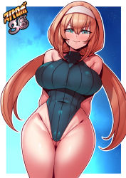 Rule 34 | 1girl, arms behind back, bare shoulders, blonde hair, blue eyes, border, breasts, closed mouth, cowboy shot, embarrassed, gluteal fold, hair behind ear, hairband, highres, large breasts, leotard, low twintails, mitsuba greyvalley, night, night sky, sky, solo, standing, super robot wars, super robot wars 30, sweat, thighhighs, tukiwani, twintails, white border, white hairband