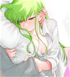 Rule 34 | 1girl, artist name, breasts, c.c., cleavage, closed mouth, code geass, dated, fingernails, green hair, highres, large breasts, long hair, long sleeves, lying, noppo, on side, pillow, shirt, solo focus, white shirt, yellow eyes