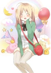 Rule 34 | 1girl, :d, ^ ^, bag, balloon, blonde hair, rabbit, cardigan, closed eyes, cloud, crescent moon, dress shirt, closed eyes, flag, food, food-themed ornament, fruit, hand on own cheek, hand on own face, moon, open cardigan, open clothes, open mouth, rainbow, shirt, shoulder bag, sino (sionori), smile, solo, star (symbol), strawberry