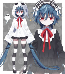 Rule 34 | 1girl, bell, black dress, black footwear, black hairband, blue hair, bow, closed mouth, commentary request, dress, frilled dress, frills, ghost, hair between eyes, hairband, hood, hood up, hooded jacket, idol corp, jacket, jingle bell, layered dress, long sleeves, looking at viewer, mauve, multiple views, puffy long sleeves, puffy sleeves, red bow, red eyes, ribbon-trimmed hairband, shoes, sleeves past fingers, sleeves past wrists, striped clothes, striped thighhighs, thighhighs, virtual youtuber, white bow, yuko yurei