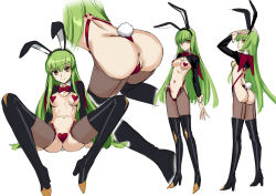 Rule 34 | 1girl, all fours, animal ears, anus, ass, black footwear, black hairband, boots, bow, bowtie, breasts, c.c., closed mouth, code geass, fake animal ears, fake tail, green hair, hairband, hands up, heart maebari, heart pasties, high heel boots, high heels, highres, kawakami rokkaku, long hair, long sleeves, looking at viewer, maebari, medium breasts, meme attire, multiple views, navel, parted lips, pasties, pussy, pussy peek, rabbit ears, rabbit tail, red bow, red bowtie, reverse bunnysuit, reverse outfit, shrug (clothing), simple background, smile, spread legs, tail, thigh boots, thighhighs, traditional bowtie, very long hair, white background, yellow eyes