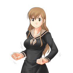 Rule 34 | 00s, 1girl, black skirt, clenched hands, closed mouth, cowboy shot, fighting stance, long sleeves, looking at viewer, lowres, maria-sama ga miteru, sailor collar, school uniform, serafuku, serious, simple background, skirt, solo, toshifumi, toudou shimako, white background