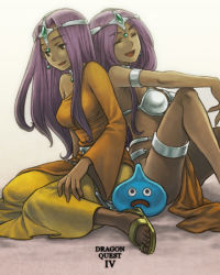 Rule 34 | 2girls, armband, armlet, belly chain, bikini, bikini top only, chunsoft, circlet, collar, copyright name, d:, dark-skinned female, dark skin, dragon quest, dragon quest iv, dress, enix, closed eyes, feet, hat, jewelry, long hair, lots of jewelry, manya (dq4), minea (dq4), multiple girls, nichiq, open mouth, pelvic curtain, purple eyes, purple hair, sandals, siblings, sisters, slime (creature), slime (dragon quest), smile, swimsuit, thigh strap, yellow dress