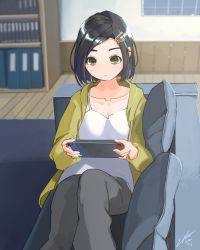 Rule 34 | 1girl, absurdres, alternate costume, black hair, bookshelf, camisole, casual, commentary request, couch, green eyes, grey pants, hair ornament, hairclip, handheld game console, highres, holding, holding handheld game console, indoors, kantai collection, kuroshio (kancolle), laminar flow, nintendo switch, pants, playing games, short hair, sitting, solo, white camisole, wooden floor