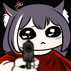 1girl aiming aiming_at_viewer animal_ear_fluff animal_ears black_hair blush cat_ears cat_girl green_eyes gun jazz_jack karyl_(princess_connect!) long_hair looking_at_viewer lowres meme multicolored_hair pleading_eyes princess_connect! solo streaked_hair weapon white_hair