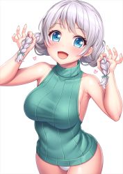 Rule 34 | 1girl, armpits, bang dream!, bare arms, bare shoulders, blue eyes, blush, bow, braid, breasts, commentary request, dress, fingernails, green bow, green sweater, hair ornament, heart, holding, holding own hair, lambda (kusowarota), large breasts, looking at viewer, microdress, open mouth, panties, partial commentary, ribbed sweater, sideboob, silver hair, sleeveless, sleeveless sweater, smile, solo, standing, sweater, sweater dress, turtleneck, turtleneck sweater, twin braids, underwear, wakamiya eve, white background, white panties