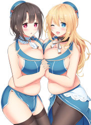 Rule 34 | 10s, 2girls, adapted costume, atago (kancolle), bare arms, bare shoulders, black hair, black legwear, blonde hair, blue eyes, blush, breast press, breasts, cleavage, crop top, embarrassed, from side, holding hands, highres, huge breasts, kantai collection, long hair, looking at viewer, midriff, muffin top, multiple girls, nanairo fuuka, navel, one eye closed, open mouth, pantyhose, plump, red eyes, short hair, sideboob, stomach, symmetrical docking, takao (kancolle), thighs