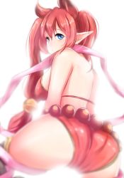Rule 34 | 1girl, absurdres, ass, bare shoulders, bell, bent over, bikini, blue eyes, blush, breasts, closed mouth, foreshortening, from behind, hair bell, hair flaps, hair ornament, highres, jingle bell, large breasts, looking at viewer, looking back, original, pointy ears, red bikini, red hair, solo, swimsuit, twintails, yeyebirdie