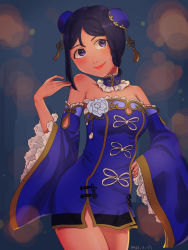 Rule 34 | 1girl, alternate hairstyle, artist name, artist request, back bow, bare legs, bare shoulders, black shorts, blue detached collar, blue dress, blue hair, blue shorts, blush, bow, braid, breasts, china dress, chinese clothes, cleavage, collarbone, crown braid, detached collar, double bun, dress, female focus, floral print, flower, flower print, frilled dress, frilled sleeves, frills, hair between eyes, hair bun, hair ornament, hairclip, hand on own hip, highres, long hair, long sleeves, looking at viewer, love live!, love live! school idol festival, love live! sunshine!!, matsuura kanan, nail, nail polish, parted lips, pink nails, purple eyes, shorts, shorts under dress, single braid, small breasts, smile, solo, white bow, white flower, wide sleeves