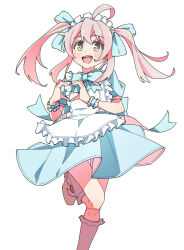 Rule 34 | 1girl, :d, ahoge, alternate costume, apron, blue bow, blue bowtie, bow, bowtie, brown eyes, commentary, enmaided, foot out of frame, frilled apron, frills, hair between eyes, heart, heart hands, highres, kneehighs, light blush, long hair, looking at viewer, maid, maid headdress, onii-chan wa oshimai!, open mouth, oyama mahiro, pink hair, short sleeves, simple background, smile, socks, solo, standing, standing on one leg, thigh gap, twintails, wawawanian, white background, white socks, wrist cuffs