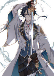 Rule 34 | 1boy, akutagawa ryuunosuke (bungou to alchemist), arm up, belt, belt pouch, black gloves, black pants, blue belt, blue eyes, blue hair, blue vest, bolo tie, bungou to alchemist, coat, collared shirt, cowboy shot, dark blue hair, gears, glint, gloves, gold trim, hair between eyes, highres, holding, holding sword, holding weapon, lapels, long hair, looking at viewer, male focus, multiple belts, notched lapels, pants, parted lips, partially fingerless gloves, pouch, sachicoxx, shirt, solo, straight-on, sun symbol, sword, tassel, vest, water, weapon, white background, white coat, white shirt, wide sleeves