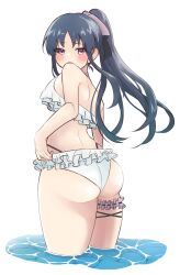 Rule 34 | 1girl, absurdres, arm at side, ass, assault lily, bare arms, bare shoulders, bikini, black hair, black ribbon, breasts, bridal garter, commentary request, covered mouth, cowboy shot, frilled bikini, frills, from behind, hair ribbon, halterneck, hand on own hip, high ponytail, highres, imu (2011imuru), long hair, looking at viewer, looking back, medium breasts, multi-strapped bikini bottom, official alternate costume, official alternate hairstyle, ponytail, purple eyes, purple ribbon, ribbon, shirai yuyu, simple background, solo, standing, swimsuit, thigh strap, wading, water, white background, white bikini