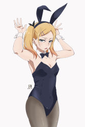 Rule 34 | 1girl, animal ears, armpits, bare shoulders, black leotard, black pantyhose, blonde hair, breasts, cleavage, commentary request, cowboy shot, fake animal ears, grey eyes, hair ornament, hairclip, half-closed eyes, hands up, headband, highres, leotard, looking at viewer, medium hair, miyahara takuya, mole, mole under eye, open mouth, pantyhose, playboy bunny, rabbit ears, rabbit pose, shirobako, short twintails, simple background, small breasts, solo, strapless, strapless leotard, twintails, white background, white wrist cuffs, wrist cuffs, yano erika