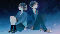 Rule 34 | 1boy, 1girl, absurdres, arm support, bad id, bad pixiv id, black footwear, black legwear, black pants, blue jacket, blue skirt, blue sweater, brown footwear, brown hair, closed mouth, collared shirt, commentary request, double exposure, full body, hagimorijia, highres, jacket, loafers, long sleeves, neck ribbon, necktie, original, pants, pleated skirt, red necktie, red ribbon, ribbon, school uniform, shirt, shoes, short hair, sitting, skirt, sky, smile, star (sky), star (symbol), starry background, starry sky, sweater, white shirt