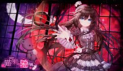 Rule 34 | 1girl, black dress, blue eyes, brown hair, copyright name, dress, frilled dress, frilled sleeves, frills, gothic lolita, hand up, hat, highres, logo, lolita fashion, long hair, looking at viewer, mini hat, mini top hat, necktie, night, night sky, non-web source, nyakori&#039;s rabbit doll, outstretched arm, sky, stuffed animal, stuffed rabbit, stuffed toy, teddy bear, tilted headwear, top hat, translated, white hat, wide sleeves, window, yuri (nyakori&#039;s rabbit doll)