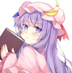 Rule 34 | 1girl, blue ribbon, blush, book, capelet, commentary request, crescent, crescent hair ornament, dress, hair ornament, hat, hat ribbon, head tilt, highres, holding, holding book, long hair, looking at viewer, mob cap, paragasu (parags112), patchouli knowledge, pink capelet, pink dress, pink hat, purple eyes, purple hair, red ribbon, ribbon, simple background, solo, sweat, touhou, upper body, white background