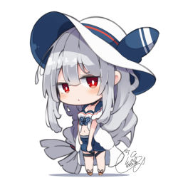 Rule 34 | 1girl, absurdly long hair, arknights, beni shake, black choker, blue shorts, blush, breasts, brown footwear, chibi, choker, collarbone, commentary request, full body, grey hair, hair between eyes, hat, long hair, looking at viewer, medium breasts, navel, parted lips, red eyes, sandals, shadow, short shorts, shorts, signature, skadi (arknights), skadi (waverider) (arknights), solo, standing, sun hat, very long hair, white background, white hat