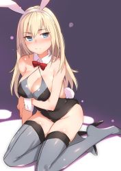 Rule 34 | 10s, 1girl, animal ears, bad id, bad twitter id, bare shoulders, bismarck (kancolle), blonde hair, blue eyes, blush, boots, bow, bowtie, breast hold, breasts, cleavage, criss-cross halter, detached collar, fake animal ears, female focus, grey footwear, grey thighhighs, halterneck, halterneck, high heel boots, high heels, highres, kantai collection, kyuuso inukami, large breasts, leotard, looking at viewer, playboy bunny, rabbit ears, rabbit tail, sitting, solo, tail, thigh boots, thighhighs, wrist cuffs, yokozuwari