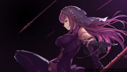 1girl absurdres armor black_background bodysuit breasts fate/grand_order fate_(series) female_focus gae_bolg_(fate) highres large_breasts linzhong_de_xiongbaobao long_hair looking_to_the_side pauldrons profile purple_bodysuit purple_hair red_eyes scathach_(fate) shoulder_armor solo veil