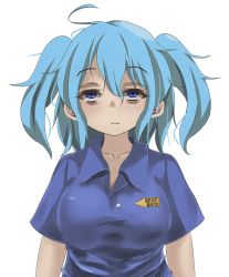 Rule 34 | 1girl, bags under eyes, best buy, blue eyes, blue hair, blue shirt, breasts, closed mouth, collared shirt, commentary request, cookie (touhou), hair between eyes, kawashiro nitori, kofji (cookie), large breasts, looking at viewer, medium hair, shirt, short sleeves, simple background, sleepy, solo, touhou, transparent background, two side up, upper body, wadachi (nicoseiga25631355)