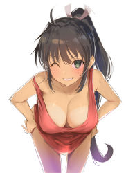 Rule 34 | 1girl, backlighting, black hair, blush, breasts, cleavage, commentary request, downblouse, green eyes, grin, hair between eyes, hair ribbon, hands on own hips, homura (senran kagura), large breasts, long hair, looking at viewer, off shoulder, one eye closed, ponytail, red tank top, ribbon, senran kagura, simple background, smile, solo, tan, tank top, very long hair, white background, white ribbon, yaegashi nan