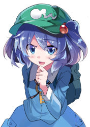 Rule 34 | 1girl, :d, arm behind back, backpack, bag, blue dress, blue eyes, blue hair, blush, dress, e.o., finger to own chin, flat cap, green hat, hair between eyes, hair bobbles, hair ornament, hat, kawashiro nitori, key, long sleeves, looking at viewer, open mouth, raised eyebrow, short hair, simple background, smile, solo, touhou, two side up, upper body, white background