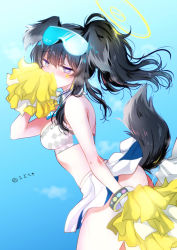 Rule 34 | 1boy, 1girl, animal ears, ass, bangle, bare arms, bare shoulders, black hair, blue archive, blue background, blue sky, blush, bracelet, breasts, cheerleader, clothed sex, covering own mouth, cowboy shot, crop top, day, dog ears, dog girl, dog tail, eyewear on head, goggles, goggles on head, hair between eyes, halo, heart, heart-shaped pupils, hetero, hibiki (blue archive), hibiki (cheer squad) (blue archive), holding, jewelry, long hair, looking at viewer, midriff, mikami mika, millennium cheerleader outfit (blue archive), official alternate costume, outdoors, pom pom (cheerleading), ponytail, pussy juice, sex, sex from behind, shirt, skirt, sky, sleeveless, solo focus, standing, star sticker, sticker on face, sunglasses, sweat, symbol-shaped pupils, tail, twitter username, vaginal, white skirt