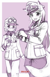 Rule 34 | 2girls, :3, :d, animal ears, aquila (symbol), binoculars, blush, border, canteen, closed mouth, cross, dot nose, ebifly, fangs, glasses, goggles, goggles on headwear, hat, holding, holding binoculars, iron cross, jacket, long hair, long sleeves, looking at viewer, medium hair, military, military hat, military jacket, military uniform, monochrome, multiple girls, open mouth, original, outside border, pants, peaked cap, pointy ears, purple background, purple theme, round eyewear, simple background, smile, tail, twitter username, uniform, white border
