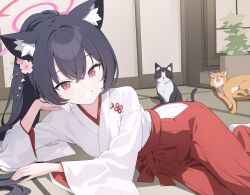 Rule 34 | 1girl, absurdres, animal, animal ear fluff, animal ears, black hair, blue archive, cat, commentary, flower, hair between eyes, hair flower, hair ornament, hakama, halo, highres, indoors, japanese clothes, jyt, kimono, long hair, looking at viewer, lying, miko, on side, pink flower, pink halo, ponytail, red eyes, red hakama, serika (blue archive), white kimono, wide sleeves