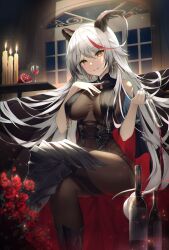 Rule 34 | 1girl, absurdly long hair, absurdres, aegir (azur lane), asymmetrical footwear, azur lane, black cape, black horns, bodystocking, boots, bottle, breast curtains, breasts, candle, cape, cross, cross-laced clothes, cross earrings, crossed legs, demon horns, earrings, flower, hair between eyes, hair on horn, hand on own chest, highres, horns, iron blood (emblem), iron cross, jewelry, knee boots, lel, long hair, looking at viewer, medium breasts, multicolored hair, red flower, red hair, red rose, rose, single knee boot, sitting, solo, streaked hair, two-tone hair, underbust, uneven footwear, very long hair, white hair, window, wine bottle, yellow eyes