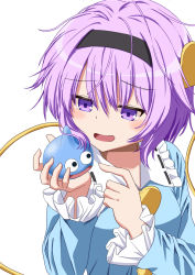 Rule 34 | 1girl, arms up, blue shirt, blush, commentary request, crossover, dragon quest, hair between eyes, hair ornament, hairband, heart, heart hair ornament, highres, holding, komeiji satori, long sleeves, looking down, monster, open mouth, partial commentary, purple eyes, purple hair, shirt, short hair, simple background, slime (dragon quest), solo, sugiyama ichirou, touhou, upper body, white background