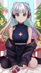 Rule 34 | 1girl, absurdres, asymmetrical legwear, bare shoulders, blunt bangs, box, breasts, christmas tree, cleavage, cleavage cutout, clothing cutout, ganbauruwa, gift, gift box, hairstyle request, headphones, highres, indoors, jacket, long hair, long sleeves, looking at viewer, medium breasts, monster strike, multicolored hair, neo (monster strike), off shoulder, open clothes, open jacket, open mouth, parted lips, power symbol-shaped pupils, raised eyebrows, sitting, sleeveless, sleeveless turtleneck, sleeves past wrists, solo, sweater, symbol-shaped pupils, turtleneck, v arms, wariza, white hair