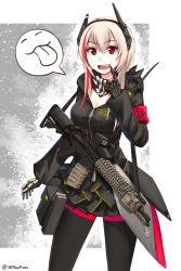 Rule 34 | 1girl, armband, assault rifle, black gloves, black pantyhose, black skirt, black theme, breasts, cleavage, commentary request, fang, girls&#039; frontline, gloves, gun, hair between eyes, headgear, highres, hood, hoodie, long hair, looking at viewer, m4 carbine, m4 sopmod ii (girls&#039; frontline), medium breasts, multicolored hair, ndtwofives, neckerchief, pantyhose, pink hair, pleated skirt, red eyes, red hair, rifle, skirt, solo, magazine (weapon), streaked hair, weapon